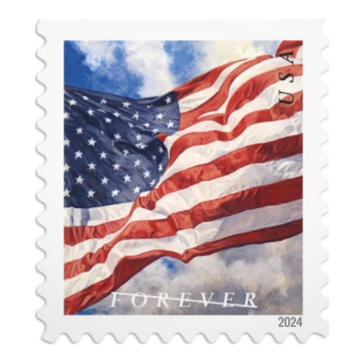 Close-up of a single 2024 U.S. Flag Forever Stamp: a painted flag flying against a cloudy sky, lettered USA and FOREVER, dated 2024