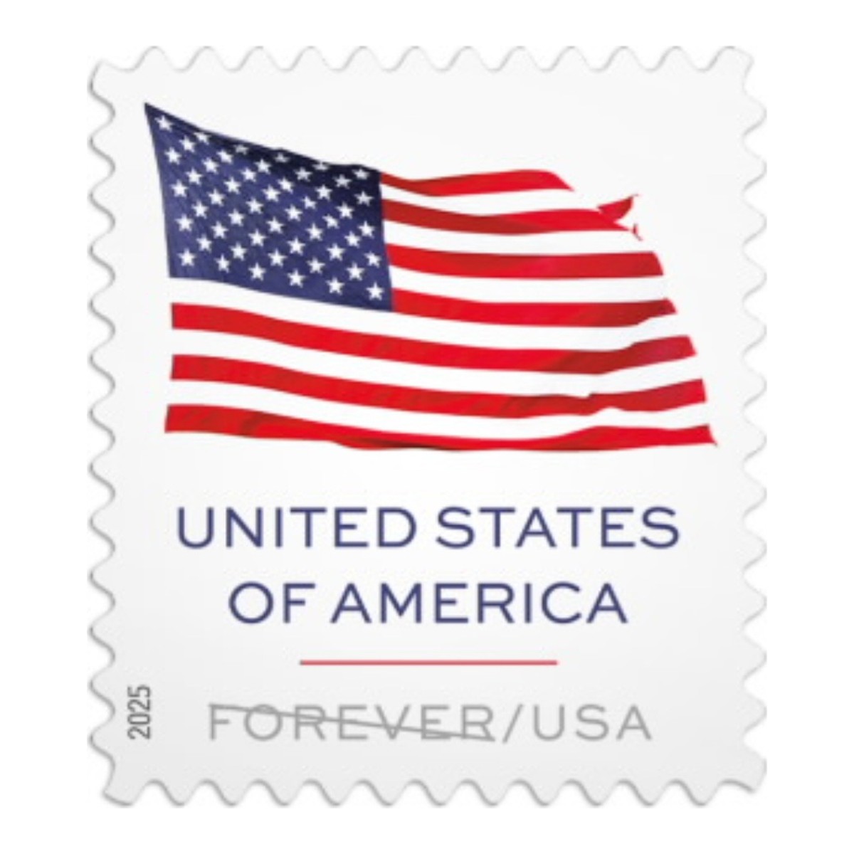 Close-up of a single 2025 U.S. Flag Forever Stamp: a flat red, white and blue flag on white, lettered UNITED STATES OF AMERICA and FOREVER/USA, dated 2025